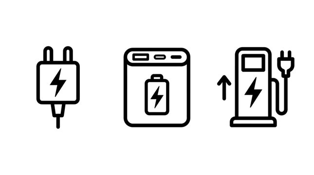 Electrical power charging and energy supply line icons with charging electricity electric infrastructure technology industrial capacity portable rechargeable electrical engineering hardware