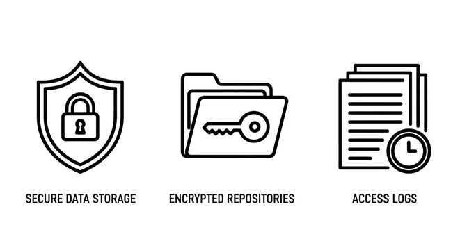 Secure data storage and encrypted repository line icon set with security encryption repository protection document information cybersecurity database management monitoring technology