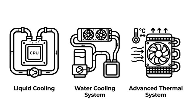 Liquid and water cooling system icons with advanced thermal management for cpu electronic component cooling computer hardware heat dissipation gaming pc temperature control thermal paste