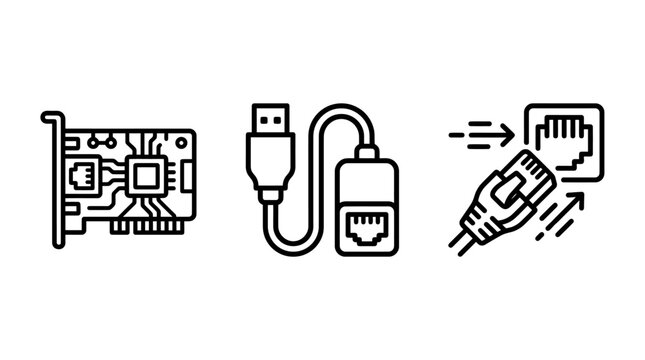 Network hardware connection icons set showing ethernet card adapter and port interface with lan cable line art hardware ethernet interface connection computer technology internet electronics