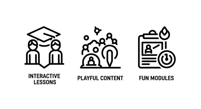Set of education and learning icons representing interactive lessons playful content fun modules with e learning education learning interactive training development academic knowledge teaching