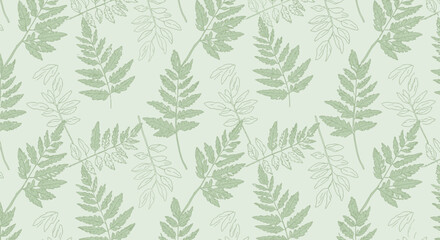 Fototapeta premium Seamless botanical pattern of fern leaves in light green against a soft background