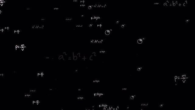 Mathematics formula overlay animation, floating scientific equations, physics calculation symbols, educational algebra expressions, transparent academic background, alpha channel