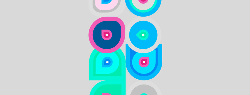 Abstract colorful circles, overlapping shapes create playful pattern. Light gray background provides contrast. Modern design elements visible.