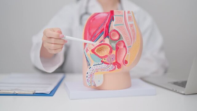 Doctor with Male Reproductive System anatomy model. Male consultation, Prostate Cancer, Enlarged prostate, Prostatitis disease, Male Infertility, Erectile dysfunction, Penis and Male genital disorder