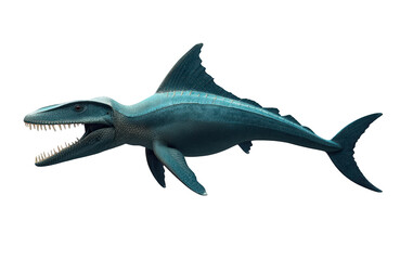 Fototapeta premium Mosasaur marine reptile swimming, showing sharp teeth, ancient ocean predator, large prehistoric dinosaur creature