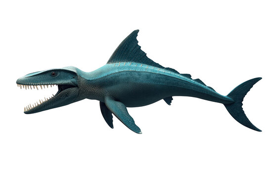 Mosasaur marine reptile swimming, showing sharp teeth, ancient ocean predator, large prehistoric dinosaur creature