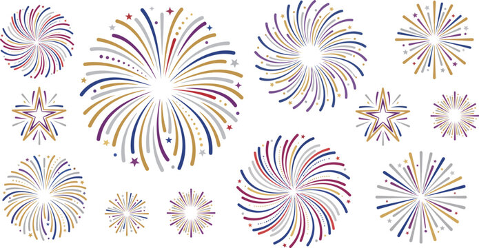 Colorful Festive Fireworks Burst and Starburst Vector Set