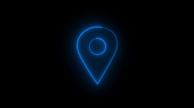 Glowing blue neon location pin marker icon animation. Solid line art GPS navigation pointer map destination 4k video.