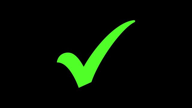 Green check mark tick icon animation. Right choice button symbol representing success, approval, yes, correct done on black background.