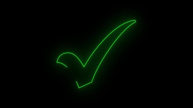 Glowing green neon check mark tick icon animation. Abstract line art success, correct answer 4k animation.