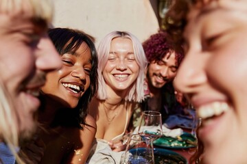 Obraz premium Diverse group of young friends laughing while sharing a lunch at an outdoor restaurant, for social lifestyle and dining imagery