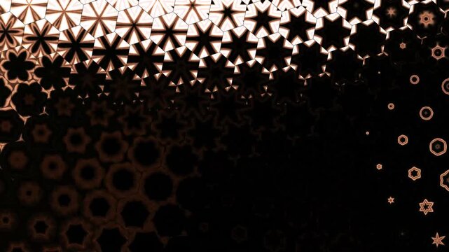 Abstract geometric star and hexagon pattern animation, seamless loop of pulsing glowing shapes, gradient transition of vibrant colors on dark background, futuristic digital motion graphic.