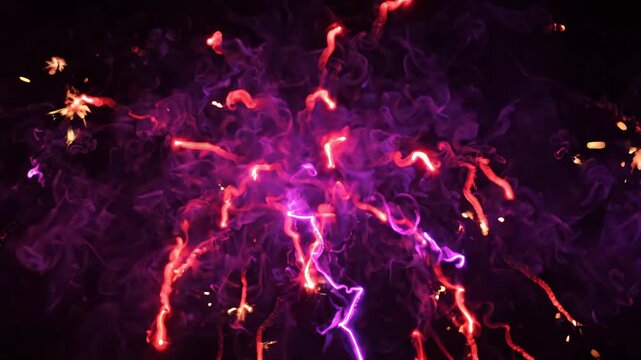 Vivid purple and red fireworks burst night sky with swirling smoke patterns, energetic light trails, abstract celebration energy, colorful festive explosion, bright sparks, and vibrant smoke creating