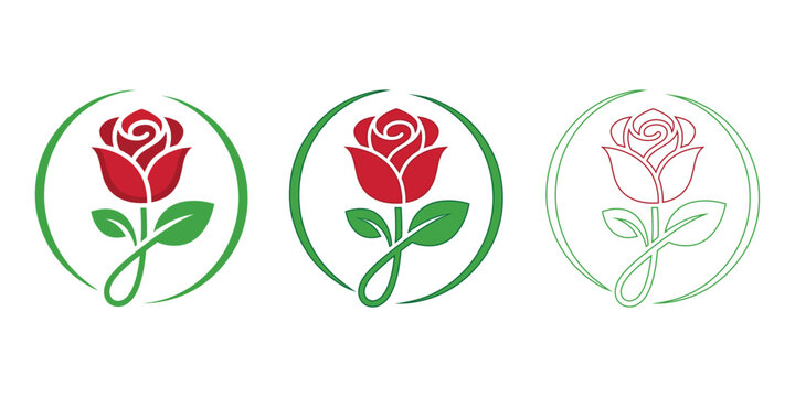 Modern red rose flower circular logo template set with outline variations