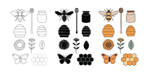 Beehive and honey production icons in outline silhouette and color styles © Sadhin07