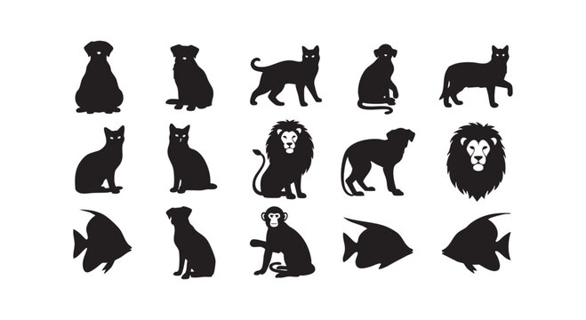 Variety animal silhouettes dogs cats lion monkey fish on white background for graphic design vector art.