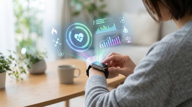 Person checking health metrics on smartwatch with holographic heart rate display, fitness tracking and wellness monitoring concept.