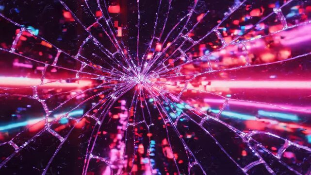 Broken glass neon light abstract colorful digital futuristic glowing vibrant shattered reflection night technology, cyberpunk style, dramatic mood, glitch texture, vibrant color, digital screen