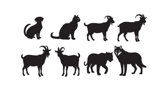 Various animal silhouettes set including dog cat goats wolf and big cat vector illustration on white background.