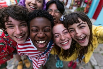 Obraz premium Group of cheerful multicultural friends taking a selfie portrait, laughing outdoors in a sun-drenched alleyway for travel and lifestyle imagery