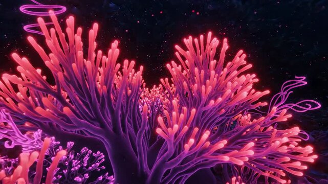 Vibrant coral reef glowing underwater with neon pink and purple branches, bioluminescent marine life, fantasy ocean scene, colorful sea anemone tentacles sway mesmerizing marine environment
