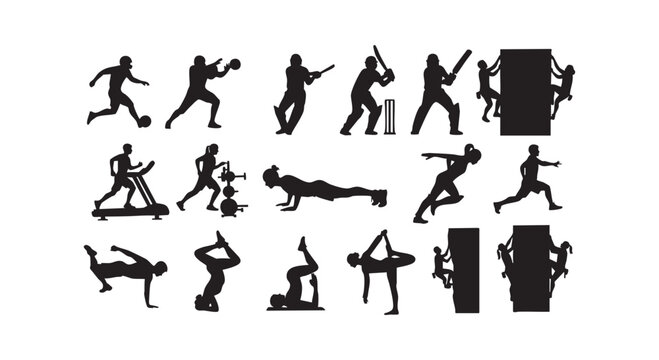 Various sport and fitness activities including running, weight training, climbing, and yoga on white background.