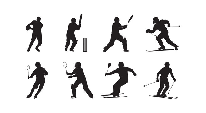 Winter and summer sports vector illustration set featuring athletes in hockey cricket badminton and skiing activities.