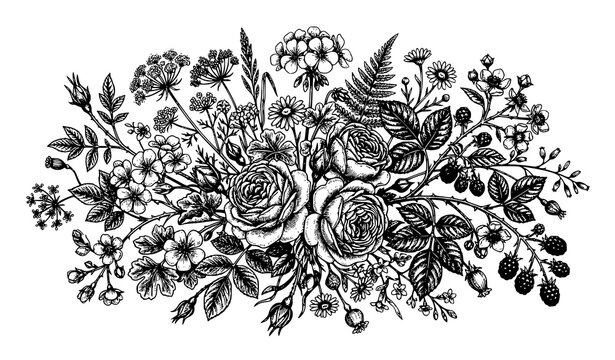 Vintage Monochrome Botanical Floral Elements Vector Collection