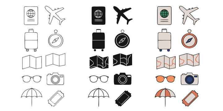 Travel and tourism icon set with passport plane suitcase compass map and camera