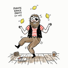 Cartoon pirate man with eye patch trying to juggle lemons, standing on one leg in a dance-like pose.
