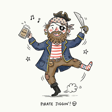 Bearded cartoon pirate man with missing tooth dancing joyfully, holding tankard of rum and sword with piratical jigging text.