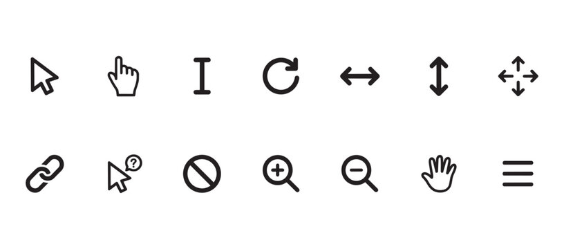 Pointer cursor icons, computer interface and click navigation symbols vector artwork application design package for modern dashboards today
