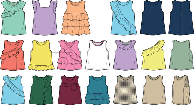 Girls summer blouse flat vector sketch illustration set featuring cute sleeveless tops with ruffles peplum hems tier layers and pattern accents (22 words)