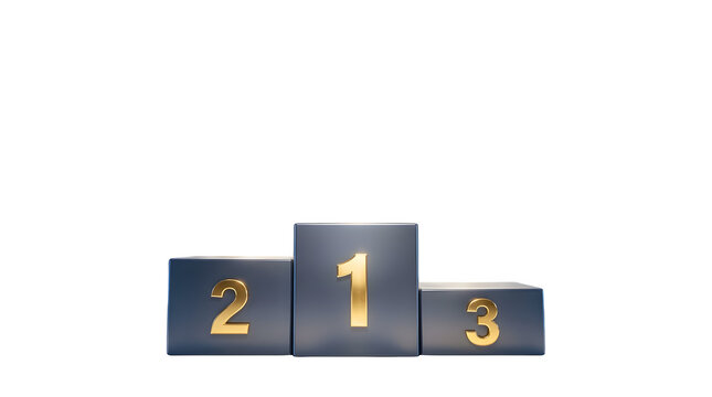 A shiny dark metallic podium with gold numbers one two and three representing winners of a competition isolated on transparent background
