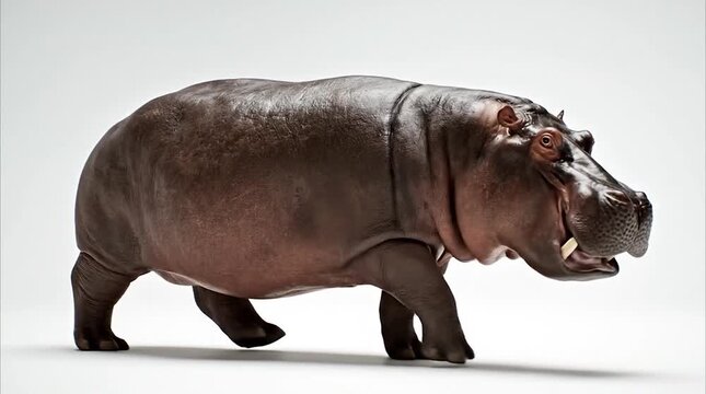 Hippopotamus side view walking against white background, representing African wildlife conservation, massive mammal, safari fauna, and studio animal photography concept