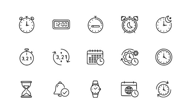 Clock and Time Thin Line Icons Vector Illustration Set
