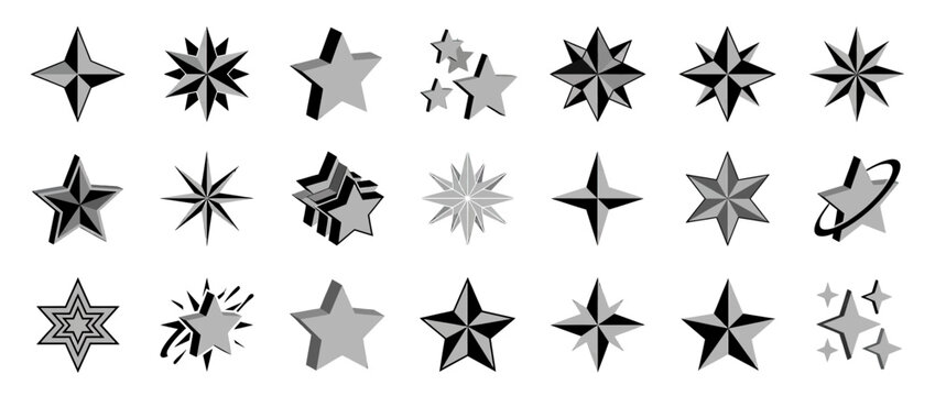 Collection of Diverse Star Icons and Symbols, 3D and Flat Graphic Designs
