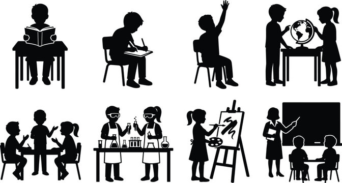 Black silhouettes icon set of school children and teachers engaged in various classroom learning activities