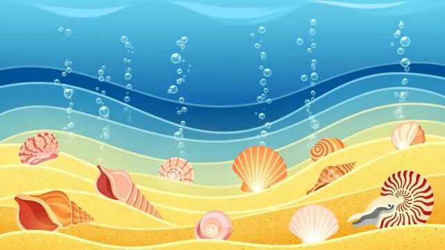 Animated Underwater Scene with Seashells on Sandy Seabed.