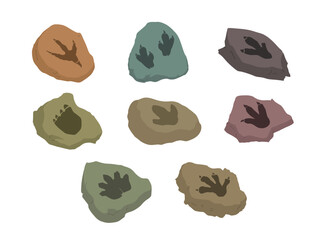 Illustration set featuring various stone shapes with prehistoric dinosaur and ancient animal footprint fossil impressions © alvindo