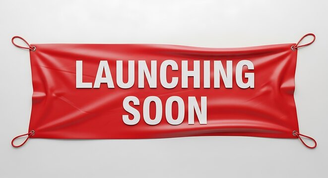 Red Launching Soon Banner Announcement on White Background.