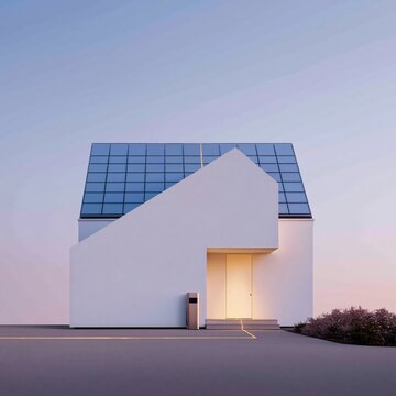 Modern sustainable home with solar panels and a glowing energy line connecting to a warm front door for green housing and property campaigns