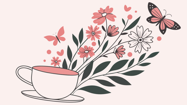 White teacup with pink flowers and butterflies and hearts on pale pink background with wavy lines.