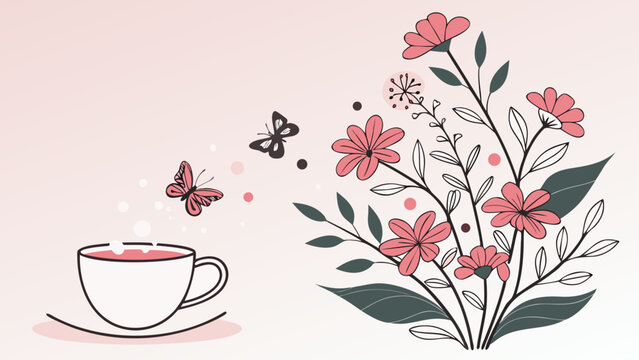 White teacup with pink flowers and butterflies and dots on pastel background with wavy shapes.