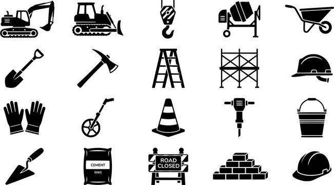 Construction Equipment and Building Tools Icon Set Vector Illustration