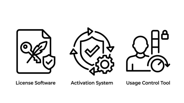 Software license activation system and usage control tool icons with software activation security management protection technology verification document business administration application