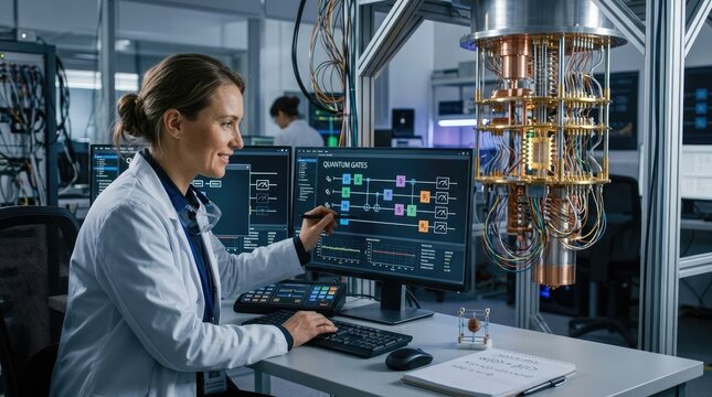 A female scientist is intently monitoring a quantum computer in a laboratory setting.