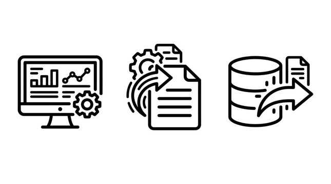 Computer data processing and file management icons featuring system optimization and information storage processing management optimization computer transfer maintenance configuration settings