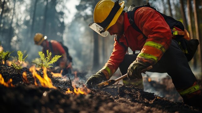 Firefighters Battling Wildfire: Two firefighters in protective gear work diligently to extinguish a spreading wildfire amidst smoky woods, a critical effort to protect nature.